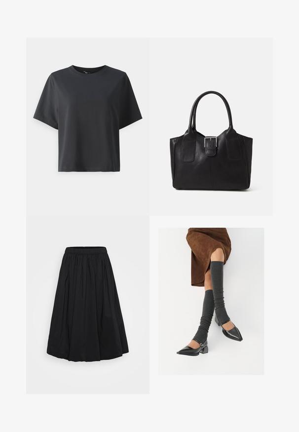 T-shirt de algodão preto, mangas curtas, gola redonda, corte descontraído, textura suave, design simples, sem padrões ou detalhes.; Saia preta, até ao joelho, feita de tecido leve, com uma cintura elástica franzida e uma silhueta larga e esvoaçante.; Sapatos pretos de pele lacada com biqueira pontuda, salto bloco e tiras no tornozelo, combinados com caneleiras cinzas em malha e uma saia de camurça castanha.; Bolsa tote de couro preta com textura suave, forma estruturada, duas alças e um destaque prateado proeminente na parte da frente.