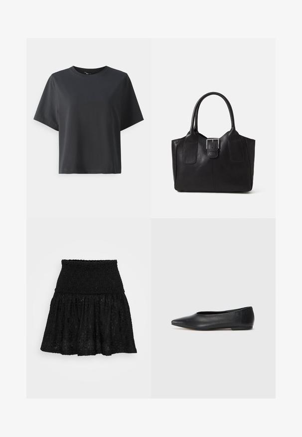 Tricou negru din bumbac, mâneci scurte, guler rotund, croială lejeră, textură netedă, design simplu, fără modele sau accente.; Fustă neagră cu talie elastică și design în straturi, având motive florale brodate și un material texturat.; Balerini din piele neagră, vârf ascuțit, design minimalist, textură netedă, toc de mică înălțime, fără hardware sau embellishments vizibile.; Geantă tote din piele neagră cu textură netedă, formă structurată, două mânere și un detaliu proeminent din aliaj de argint pe partea din față.