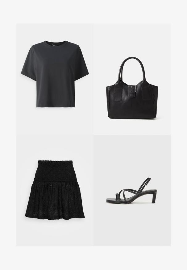 Fekete pamut póló, rövid ujjú, kerek nyakkivágású, laza szabású, sima textúrájú, egyszerű design, minta vagy kiegészítők nélkül.; Fekete szoknya, smockolt derékkal és réteges kialakítással, hímes virágmintákkal és texturált anyaggal.; Fekete pántos szandál négyzetes orral és alacsony blokk sarkal. Több vékony pánttal és állítható boka pánttal rendelkezik. Sima bőrből készült.; Fekete bőr bevásárlótáska sima textúrával, strukturált formával, két fogantyúval és egy figyelemfelkeltő ezüst csattal az elején.