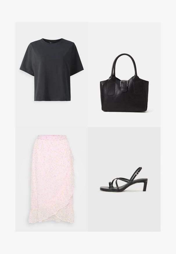 Schwarzes Baumwoll-T-Shirt, kurze Ärmel, Rundhalsausschnitt, lässige Passform, glatte Textur, einfaches Design, keine Muster oder Akzente.; Vero Moda Petite VMSMILLA WRAP SKIRT - Wickelrock - pink a boo/aura; Schwarze Sandale mit Riemchen, quadratischer Zehenform und niedrigem Blockabsatz. Verfügt über mehrere dünne Riemen und einen verstellbaren Knöchelriemen. Hergestellt aus glattem Leder.; Schwarze Leder-Tote mit glatter Textur, strukturiertem Design, zwei Griffen und einem auffälligen silbernen Schnallen-Detail auf der Vorderseite.
