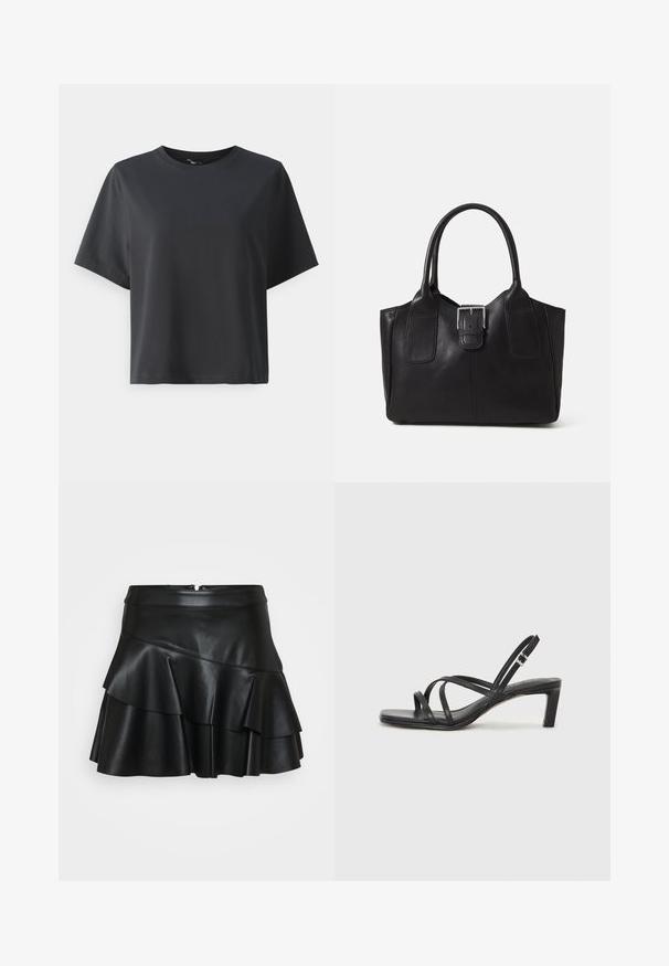 Fekete pamut póló, rövid ujjú, kerek nyakkivágású, laza szabású, sima textúrájú, egyszerű design, minta vagy kiegészítők nélkül.; Fekete bőr mini szoknya, illeszkedő derékkal és három réteg fodorral, sima textúrával és rejtett hátsó cipzárral.; Fekete pántos szandál négyzetes orral és alacsony blokk sarkal. Több vékony pánttal és állítható boka pánttal rendelkezik. Sima bőrből készült.; Fekete bőr bevásárlótáska sima textúrával, strukturált formával, két fogantyúval és egy figyelemfelkeltő ezüst csattal az elején.