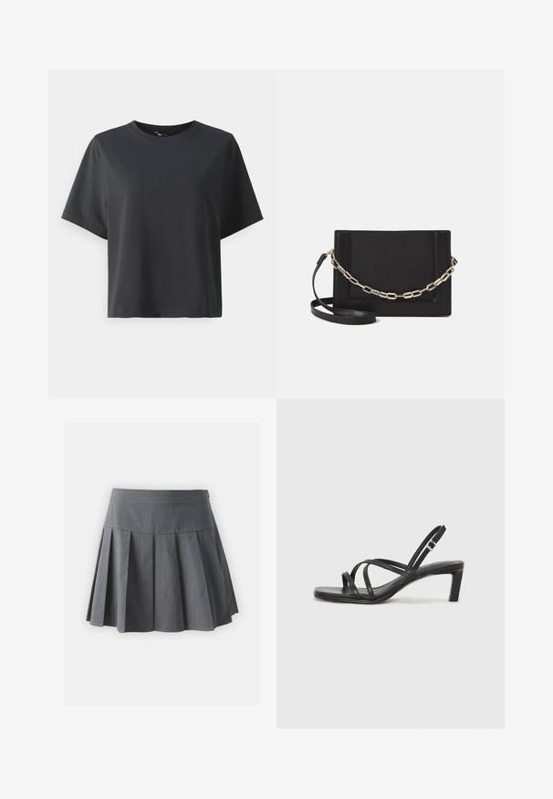 Melnas kokvilnas t-krekls, īsām piedurknēm, apaļš kakls, brīvs piegriezums, gluda tekstūra, vienkāršs dizains, bez rakstiem vai akcentiem.; Pelēkā plisuotā svārku ar pieguļošu jostasvietu, izgatavota no kokvilnas maisījuma auduma. Ietver vairākus simetriskus plisuotā dizaina elementus.; Melnas strappy sandales ar kvadrātveida purngaliem un zemu bloku papēdi. Ievērojamas ar vairākiem plāniem siksniņām un regulējamu potītes siksniņu. Izgatavotas no gludas ādas.; Melna ādas crossbody soma ar gludu faktūru, taisnstūrveida formu un metalizētu ķēdes detaļu priekšā. Iekļauta regulējama siksna.