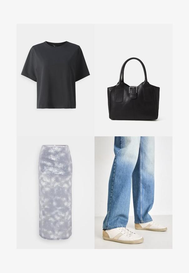 Juodas medvilnės marškinėliai, trumpomis rankovėmis, apvaliu kaklu, laisvas kirpimas, lygus paviršius, paprastas dizainas, be raštų ar akcentų.; Pilkos midi sijonas, pagamintas iš raukinio audinio su debesų raštu ir blizgučiais. Jis pasižymi prigludusia forma ir lygiu kraštu.; Baltos sportbačiai su bežiniais akcentais ir tekstūruotomis detalėmis, derinami su šviesiais, šiek tiek nusidėvėjusiais džinsais, laisvo kirpimo.; Juodas odinis nešiojamas krepšys su lygiu paviršiumi, struktūrine forma, dviem rankenėlėmis ir ryškiu sidabriniu sagties akcentu priekyje.