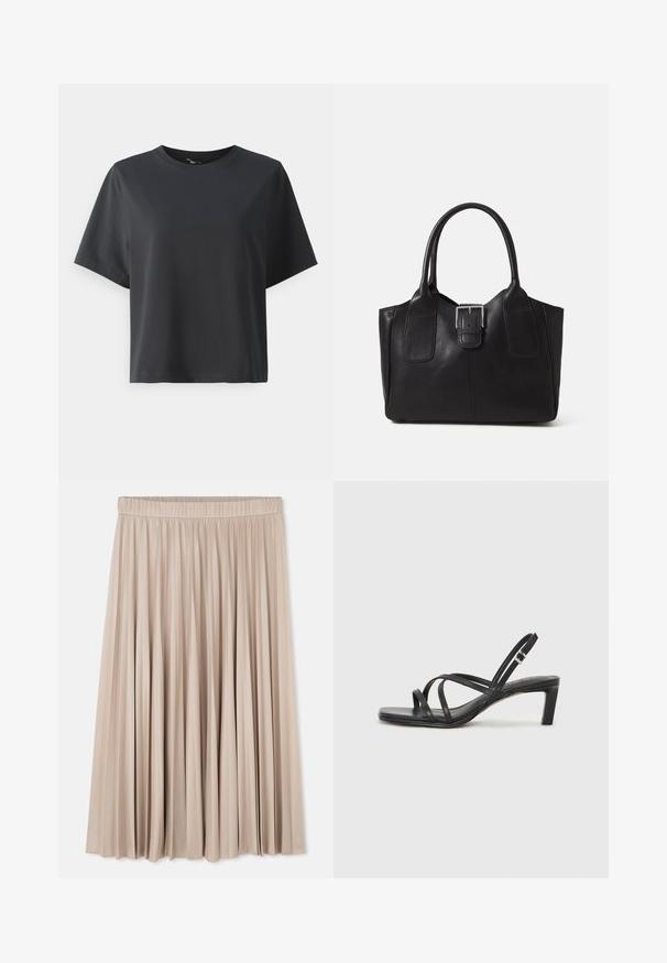 Svart bomull T-skjorte, korte ermer, rund hals, avslappet passform, jevn tekstur, enkel design, ingen mønstre eller aksenter.; Faltet midi-skjørt i lys beige, med elastisk midjebånd. Glatt tekstur med en blank overflate, lagdelt design og flytende silhuett.; Sorte sandaler med stropper, firkantet tå og lav blokk hæl. Har flere tynne stropper og en justerbar ankelstropp. Laget av glatt lær.; Svart skinn toteveske med jevn tekstur, strukturert form, to håndtak og en fremtredende sølvspenne foran.