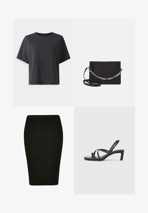 Černé bavlněné tričko, krátké rukávy, kulatý výstřih, volný střih, hladká textura, jednoduchý design, bez vzorů nebo akcentů.; Černá skládaná tužková sukně s přiléhavým střihem. Má vysoký pas a texturovanou látku, která poskytuje hladkou siluetu.; Černé sandály na tenkém podpatku se čtveratou špičkou a nízkým blokovým podpatkem. Mají několik tenkých popruhů a nastavitelné zapínání okolo kotníku. Vyrobeny z hladké kůže.; Černá kožená crossbody taška s hladkým povrchem, obdélníkovým tvarem a kovovým řetízkem na přední straně. Součástí je nastavitelný popruh.