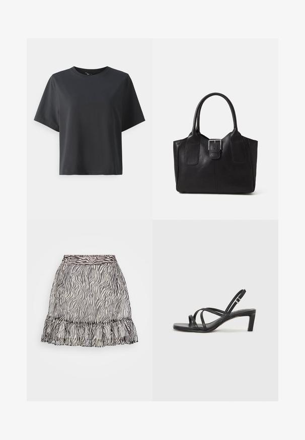 Čierne bavlnené tričko, krátke rukávy, okrúhly výstrih, voľný strih, hladká textúra, jednoduchý dizajn, bez vzorov alebo akcentov.; Priehľadná sukňa so zebrovaným vzorom, ktorá má volánový lem, čiernobiele farby a elastický pás pre pohodlné nosenie.; Čierne sandále na vysokom podpätku so štvorcovou špičkou a nízkym blokovým podpätkom. Obsahujú viacero tenkých popruhov a nastaviteľný členkový popruh. Vyrobené z hladkej kože.; Čierna kožená taška s hladkou textúrou, štruktúrovaným tvarom, dvoma uchami a výrazným strieborným prackovým detailom na prednej strane.