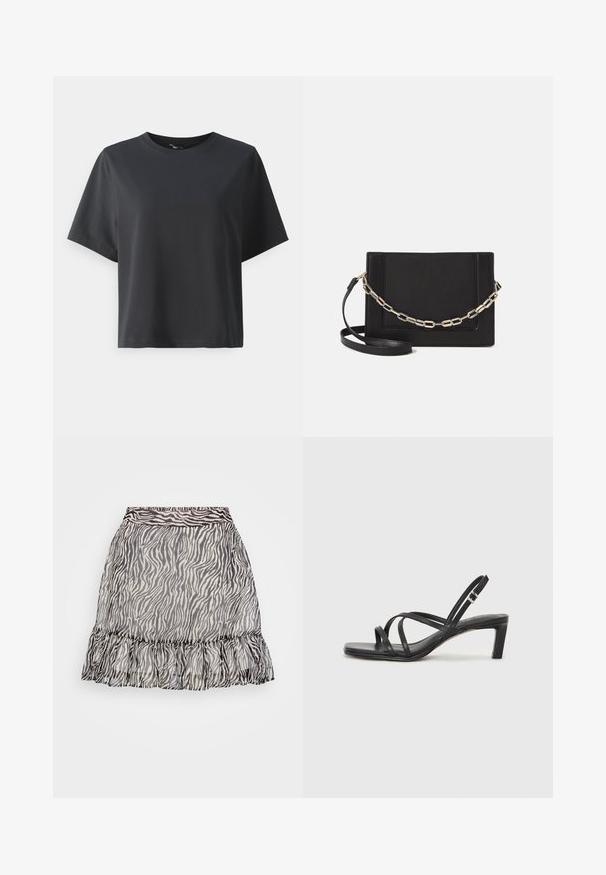 Fekete pamut póló, rövid ujjú, kerek nyakkivágású, laza szabású, sima textúrájú, egyszerű design, minta vagy kiegészítők nélkül.; Áttetsző zebra mintás szoknya fodros szegéllyel, fekete-fehér színekben, rugalmas derékpánttal a kényelmes illeszkedésért.; Fekete pántos szandál négyzetes orral és alacsony blokk sarkal. Több vékony pánttal és állítható boka pánttal rendelkezik. Sima bőrből készült.; Fekete bőr keresztpántos táska, sima textúrával, téglalap alakú és fém lánc részlettel az elején. Állítható pánttal ellátva.