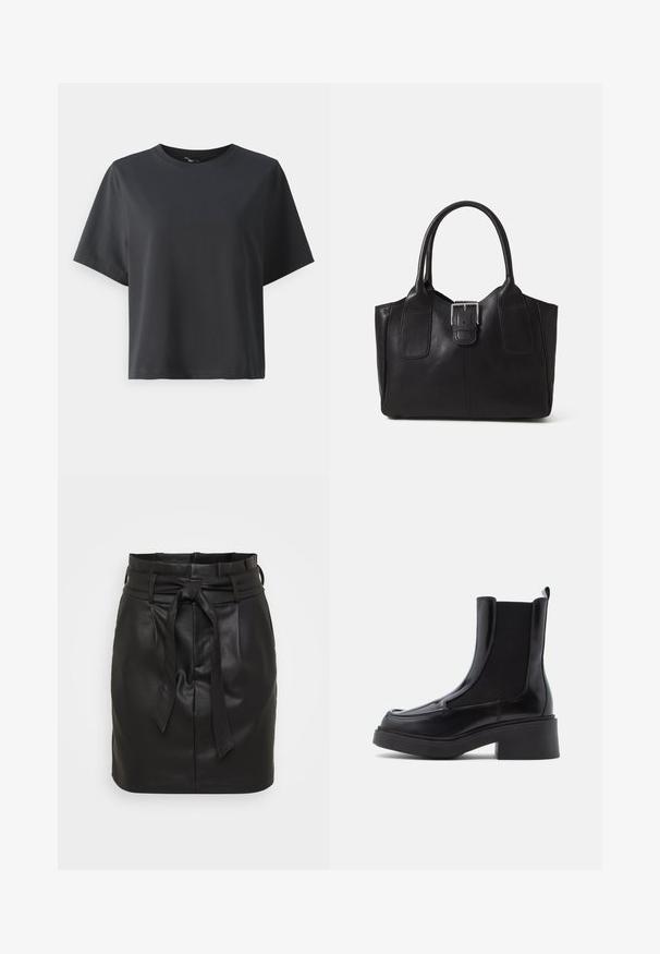 Svart bomull T-skjorte, korte ermer, rund hals, avslappet passform, jevn tekstur, enkel design, ingen mønstre eller aksenter.; Svart lær mini skjørt med høy liv, med en frontknute belte og glatt tekstur. Minimalistisk design uten ytterligere mønstre.; Sorte chelsea-støvler med en kraftig hæl, med blødt læderoverdel og elastiske sidepaneler for nem påtagning. Solid gummisål.; Svart skinn toteveske med jevn tekstur, strukturert form, to håndtak og en fremtredende sølvspenne foran.