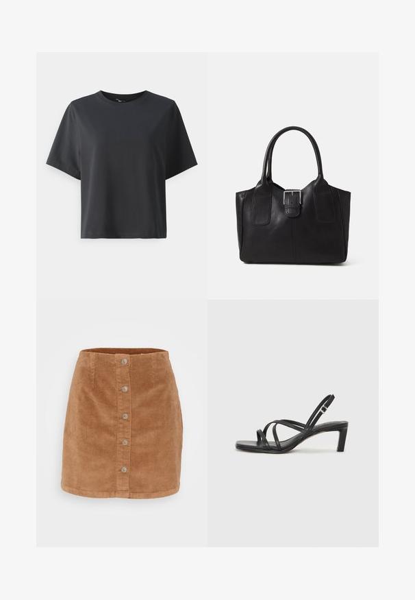 Fekete pamut póló, rövid ujjú, kerek nyakkivágású, laza szabású, sima textúrájú, egyszerű design, minta vagy kiegészítők nélkül.; Világosbarna kordbársony mini szoknya gombos elülső résszel, hét ezüst színű gombbal és texturált, bordázott anyaggal.; Fekete pántos szandál négyzetes orral és alacsony blokk sarkal. Több vékony pánttal és állítható boka pánttal rendelkezik. Sima bőrből készült.; Fekete bőr bevásárlótáska sima textúrával, strukturált formával, két fogantyúval és egy figyelemfelkeltő ezüst csattal az elején.