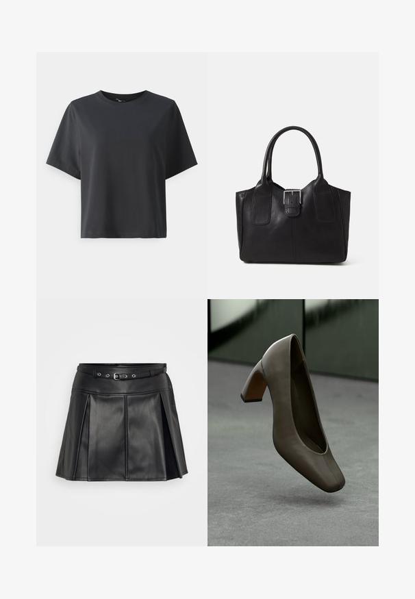 Črna bombažna majica, kratki rokavi, krojeni ovratnik, sproščenega kroja, gladka tekstura, preprost dizajn, brez vzorcev ali dodatkov.; Črna krilo iz umetnega usnja z oprijetim pasom, nastavljivim pasom in nabranim dizajnom. Ima gladko teksturo in prirejen kroj.; Temno olivno zeleni usnjeni čevlji s petami, kvadratnim nosom in blokasto peto, ki lebde nad sivo betonsko tla s zamegljeno zeleno ozadjem.; Črna usnjena torba s gladko teksturo, strukturirano obliko, dvema ročkama in izrazitim srebrnim sponko na sprednji strani.