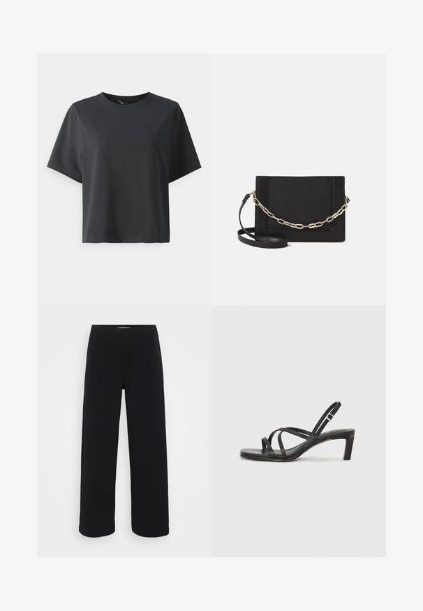 Czarny bawełniany t-shirt, krótkie rękawy, okrągły dekolt, luźny krój, gładka tekstura, prosty design, bez wzorów ani akcentów.; Czarne szerokie spodnie z elastycznym pasem. Wykonane z teksturowanego materiału, charakteryzujące się luźnym krojem i prostym fasonem od bioder do dołu.; Czarne sandały na obcasie z prostokątnym noskiem i niskim słupkowym obcasem. Posiadają wiele cienkich pasków i regulowany pasek na kostkę. Wykonane z gładkiej skóry.; Czarna skórzana torebka typu crossbody z gładką teksturą, prostokątnym kształtem oraz metalowym detalem w postaci łańcuszka z przodu. W zestawie regulowany pasek.; Srebrna obrączka podwójna z gładką, polerowaną powierzchnią. Posiada płynny, zakrzywiony kształt z nakładającymi się sekcjami, co nadaje nowoczesny wygląd.