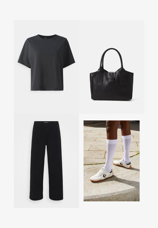 Černé bavlněné tričko, krátké rukávy, kulatý výstřih, volný střih, hladká textura, jednoduchý design, bez vzorů nebo akcentů.; Černé kalhoty s širokými nohavicemi a elastickým pasem. Vyrobené z texturovaného materiálu, mají volný střih a rovný zakončení od boků až po lem.; Bílé sportovní boty s texturovaným povrchem, černými akcenty a hnědou gumovou podrážkou, doplněné bílými ponožkami do půli lýtek.; Černá kožená tote taška s hladkým povrchem, strukturovaným tvarem, dvěma uchy a výrazným stříbrným detailem s přezkou na přední straně.