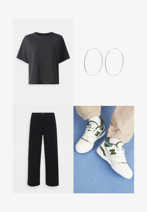 Schwarzes Baumwoll-T-Shirt, kurze Ärmel, Rundhalsausschnitt, lässige Passform, glatte Textur, einfaches Design, keine Muster oder Akzente.; Schwarze weit geschnittene Hose mit elastischem Bund. Hergestellt aus einem strukturierten Material, mit lockerer Passform und geradem Schnitt von der Hüfte bis zum Saum.; Weiße Sneakers mit grünen Akzenten, Obermaterial aus strukturiertem Leder, perforierte Zehenpartie und dicke weiße Sohle. Mit New Balance-Logo auf der Zunge.; Silberne Creolen mit einem glatten, runden Design und einer polierten Oberfläche. Sie sind dünn und leicht und verfügen über einen einfachen Verschluss.