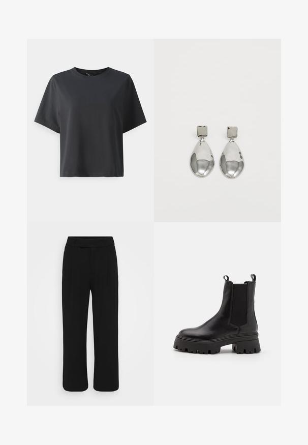 Fekete pamut póló, rövid ujjú, kerek nyakkivágású, laza szabású, sima textúrájú, egyszerű design, minta vagy kiegészítők nélkül.; Fekete, bőszárú nadrág sima anyagból, lapos elülső résszel, övhurkokkal és látható zsebek nélkül. Tiszta, igényesen szabott dizájn.; Zign Platform bokacsizmák - black; Ezüst csepp fülbevalók négyzet alakú fülbevalóval, sima, fényes felülettel és csepp formával, amely fényt tükröz egy fényes felületen.