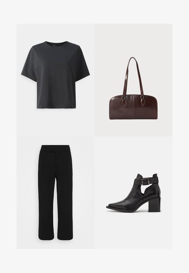 T-shirt di cotone nero, maniche corte, collo a giro, vestibilità comoda, texture liscia, design semplice, senza motivi o dettagli.; Pantaloni neri a gamba larga realizzati in un tessuto morbido, con frontale liscio, passanti per cintura e senza tasche visibili. Design pulito e sartoriale.; Zign LEATHER  - Tronchetti - black; Borsa in pelle marrone con due manici lunghi, forma rettangolare strutturata, superficie liscia e angoli arrotondati. Presenta dettagli di accentuazione sui manici.