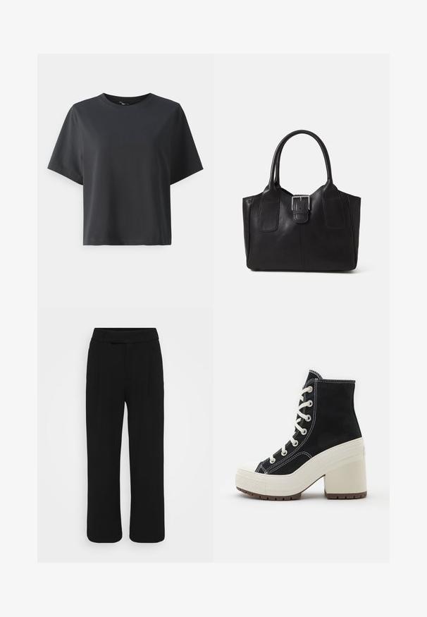 Black cotton t-shirt, short sleeves, crew neck, relaxed fit, smooth texture, simple design, no patterns or accents.; Black wide-leg pants made of a smooth fabric, featuring a flat front, belt loops, and no visible pockets. Clean, tailored design.; Black high-top boot with white laces, textured fabric, cream platform sole, and block heel. Features white stitching and rubber toe cap.; Black leather tote bag with smooth texture, structured shape, two handles, and a prominent silver buckle detail on the front.