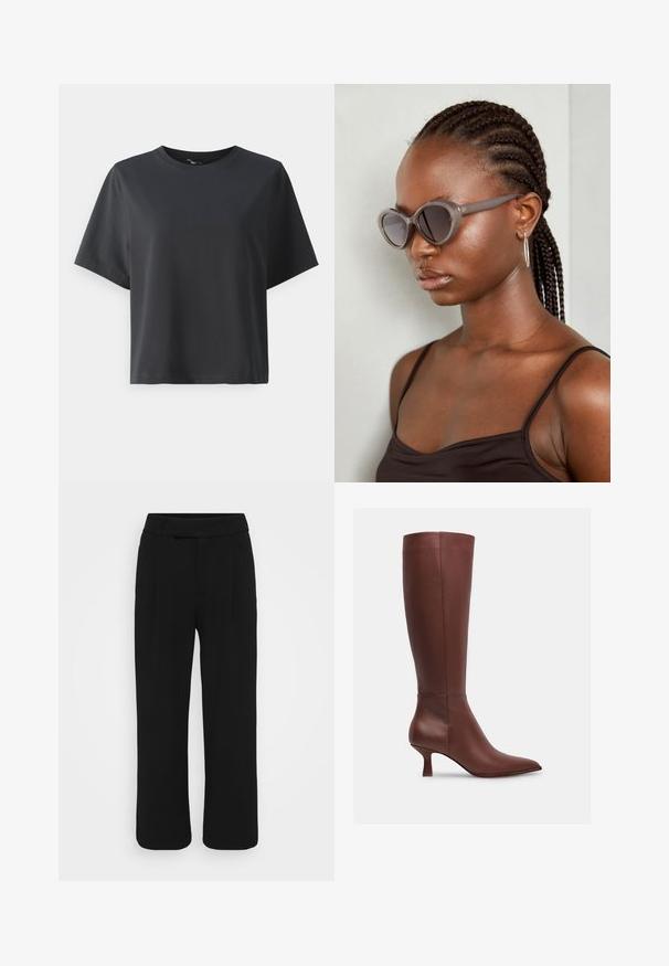 Svart bomull T-skjorte, korte ermer, rund hals, avslappet passform, jevn tekstur, enkel design, ingen mønstre eller aksenter.; Sorte bukser med vide ben laget av et glatt stoff, med flat front, beltehemper og uten synlige lommer. Rent, skreddersydd design.; Brune lærstøvlett med knehøyde og spiss tå samt avsmalnet hæl. Glatt tekstur uten synlige mønstre eller metallisk dekor.; Grå, overdimensjonerte solbriller med rund form og mørke linser. Slank plastikkramme med glatt overflate. Modellen har flette.