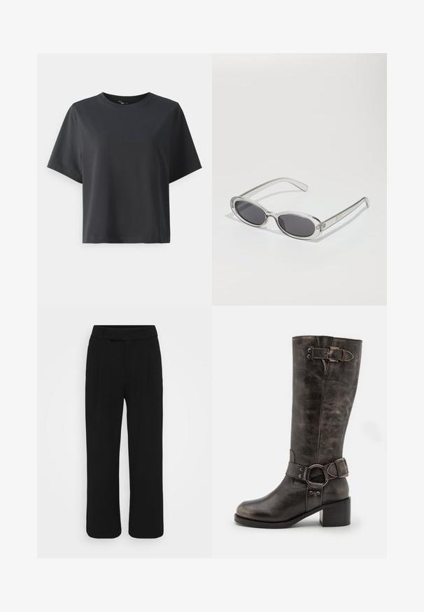 Tricou negru din bumbac, mâneci scurte, guler rotund, croială lejeră, textură netedă, design simplu, fără modele sau accente.; Pantaloni negri cu picioare largi, confectionati dintr-un material neted, avand un front plat, bucle pentru centura si fara buzunare vizibile. Design curat si bine croit.; Botă din piele neagră, cu înălțime până la genunchi, având un toc gros, accentuată cu o cataramă și o curea în jurul gleznei, cu un finisaj texturat.; Ochelari de soare cu formă ovală, ramă din plastic transparent, lentile gri închis și brațe subțiri transparente cu accente de logo și detalii minime.