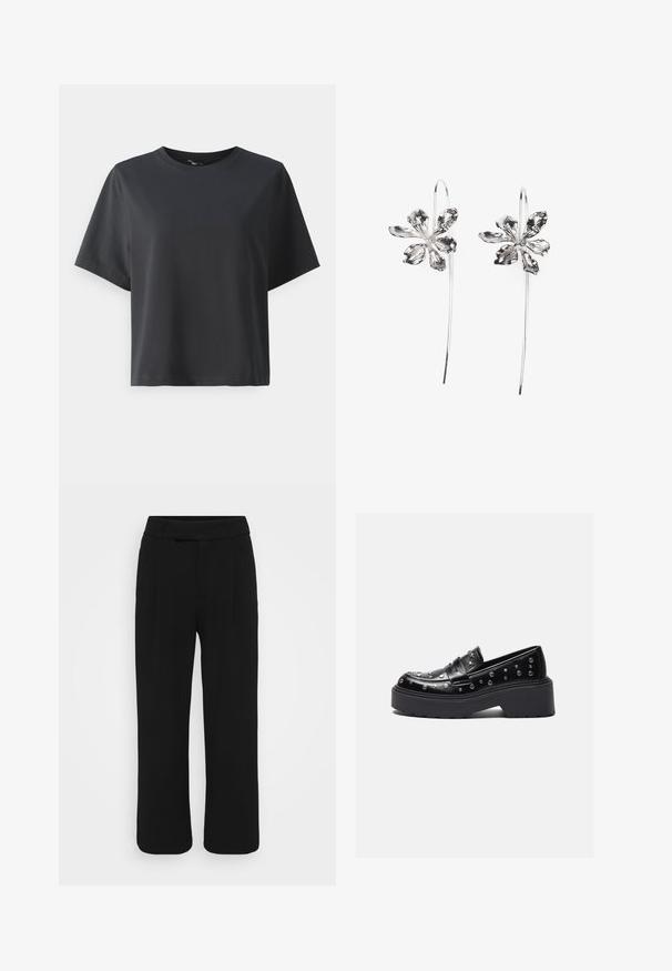 Black cotton t-shirt, short sleeves, crew neck, relaxed fit, smooth texture, simple design, no patterns or accents.; Black wide-leg pants made of a smooth fabric, featuring a flat front, belt loops, and no visible pockets. Clean, tailored design.; Black leather loafers with silver studs, featuring a chunky platform sole and a broad strap across the vamp. Smooth texture, rounded shape.; Silver flower-shaped earrings with a textured finish, featuring long hooks and petal-like details for an intricate design.