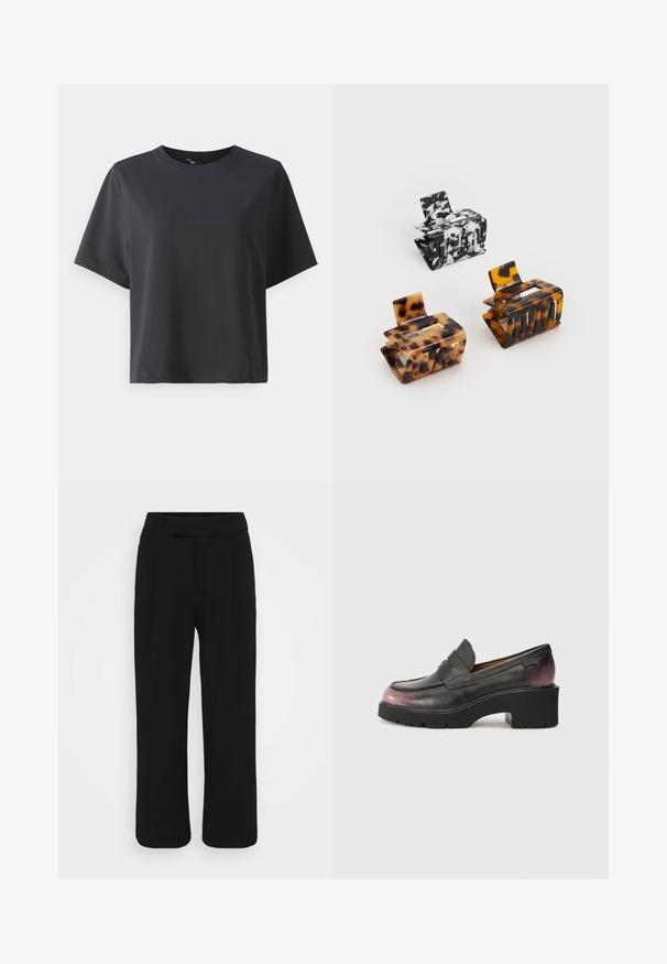 Camiseta de algodón negra, de manga corta, cuello redondo, corte relajado, textura suave, diseño simple, sin patrones ni acentos.; Pantalones de pierna ancha negros, confeccionados en una tela suave, con un frente plano, presillas para cinturón y sin bolsillos visibles. Diseño limpio y ajustado.; Mocasines de piel negros con punta redondeada, tira decorativa y un degradado tonal de negro a rosa oscuro en el talón. Presenta una suela gruesa.; Tres pinzas para el cabello: una de mármol negro y blanco, dos de carey en tonos marrones y negros, todas hechas de plástico brillante con un acabado texturizado.