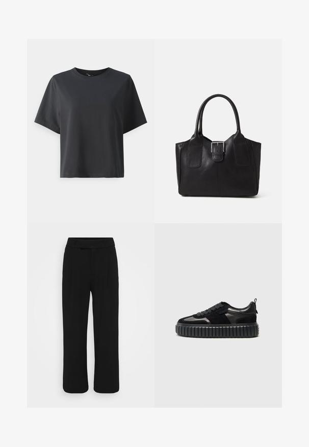 T-shirt en coton noir, à manches courtes, col ras du cou, coupe décontractée, texture lisse, design simple, sans motifs ni accents.; Pantalon large noir fabriqué dans un tissu lisse, avec une taille plate, des passants de ceinture et sans poches visibles. Design épuré et ajusté.; Kennel + Schmenger ZAP - Baskets basses - schwarz; Sac fourre-tout en cuir noir avec une texture lisse, une forme structurée, deux poignées et un détail en boucle argentée proéminent à l'avant.