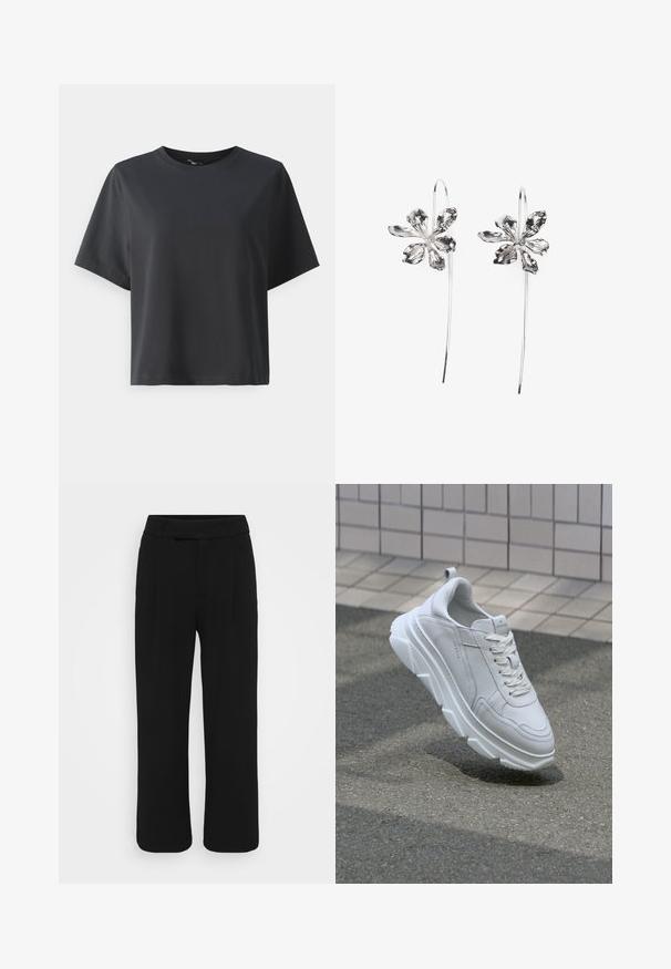 Zwarte katoenen t-shirt, korte mouwen, ronde hals, losse pasvorm, gladde textuur, eenvoudig ontwerp, geen patronen of accenten.; Zwarte wijde broek van een gladde stof, met een platte voorkant, riemlussen en geen zichtbare zakken. Strak, op maat gemaakt ontwerp.; Witte leren sneaker met een dikke, gestructureerde rubberen zool, voorzien van vetersluiting en stikdetails. Rond teen- en enkelsteun ontwerp.; Zilveren oorbellen in de vorm van bloemen met een gestructureerde afwerking, voorzien van lange haken en bloembladen-achtige details voor een ingewikkeld ontwerp.