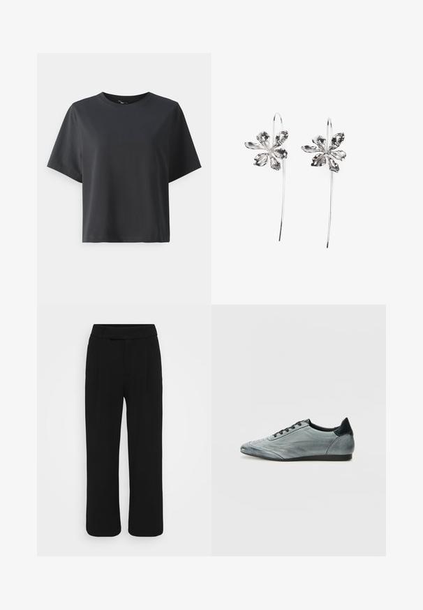 T-shirt de algodão preto, mangas curtas, gola redonda, corte descontraído, textura suave, design simples, sem padrões ou detalhes.; Calças largas pretas feitas de um tecido suave, com frente lisa, passantes para cinto e sem bolsos visíveis. Design limpo e estruturado.; Sapatilha de couro cinza claro com um design elegante, apresentando detalhes cosidos, atacadores pretos e um destaque escuro no calcanhar. Sola de borracha.; Brincos em forma de flor prateados com um acabamento texturizado, apresentando ganchos longos e detalhes semelhantes a pétalas para um design intrincado.