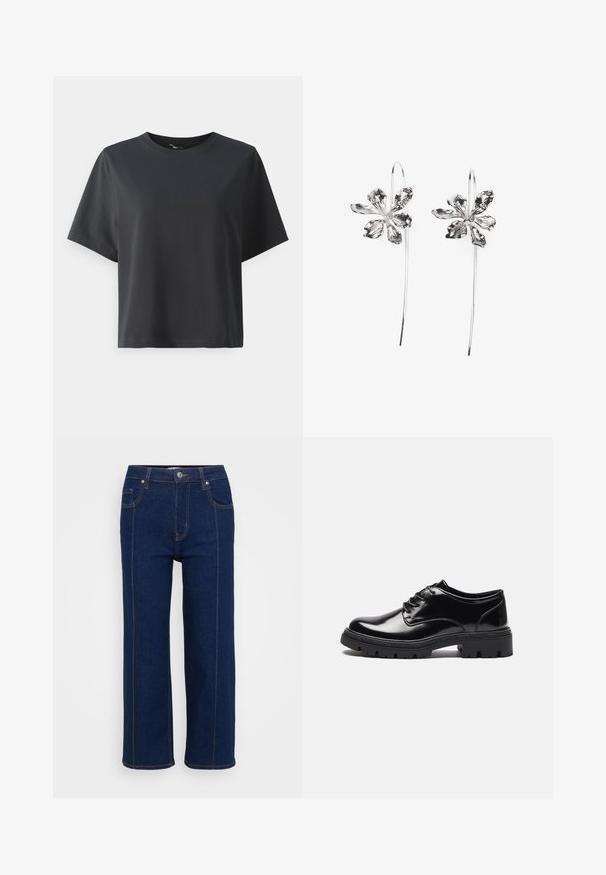 Black cotton t-shirt, short sleeves, crew neck, relaxed fit, smooth texture, simple design, no patterns or accents.; Dark blue straight-leg jeans with button closure, front and back pockets, and visible orange stitching along seams.; Anna Field Lace-ups - black; Silver flower-shaped earrings with a textured finish, featuring long hooks and petal-like details for an intricate design.