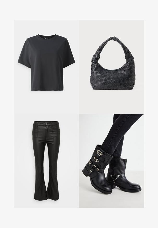 Melnas kokvilnas t-krekls, īsām piedurknēm, apaļš kakls, brīvs piegriezums, gluda tekstūra, vienkāršs dizains, bez rakstiem vai akcentiem.; Melnas izplešotas bikses ar spīdīgu ādas līdzīgu tekstūru, ar priekšējiem kabatām, pogu aizdari un sānu izgriezumiem pie apakšmalas.; Melnas ādas potītēm paredzētas zābaki ar trim sprādzes akcentiem, noapaļota purngala un zemu blokveida papēdi. Dizainā ir iekļauti gan gludi, gan teksturēti paneļi.; Melna ādas austā plecu soma ar noapaļotu rokturi un pusmēness formas ķermeni uz vienota fona.; Sudraba riņķa auskari ar gludu, apaļu dizainu un pulētu apdari. Tie ir plāni un viegli, ar vienkāršu aizdari.