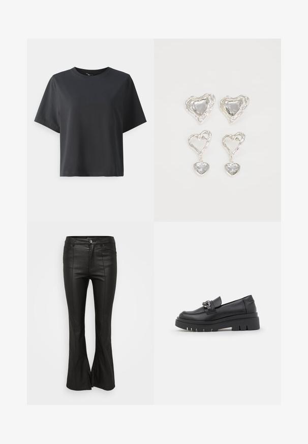 Juodas medvilnės marškinėliai, trumpomis rankovėmis, apvaliu kaklu, laisvas kirpimas, lygus paviršius, paprastas dizainas, be raštų ar akcentų.; Juodos platečiųjų kojų kelnės su blizgia, odai panašia tekstūra, turinčios priekinės kišenes, mygtuko užsegimą ir šoninius plyšius apatinėje dalyje.; Juodos mokasinos su masyviu platforminiu padu, lygiu odiniu paviršiumi, dekoratyviniu grandininiu akcentu ir nedideliu kulniuku su įpjova.; Sidabrinės širdelės formos auskarai puošti facetuotais skaidriais akmenimis, su tekstūruotu rėmu. Rinkinį sudaro tiek auskarai-stud, tiek kabančios formos.