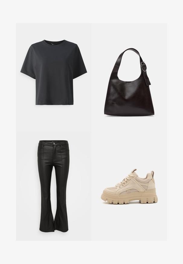 Black cotton t-shirt, short sleeves, crew neck, relaxed fit, smooth texture, simple design, no patterns or accents.; Black flared pants with a shiny, leather-like texture, featuring front pockets, a button closure, and side slits at the hem.; Beige chunky sneakers with a mix of mesh and suede materials, featuring a thick sole and prominent tread, lace-up design, and branding detail.; Brown leather shoulder bag with a smooth texture, rounded shape, wide strap, and circular metallic accent on the handle.