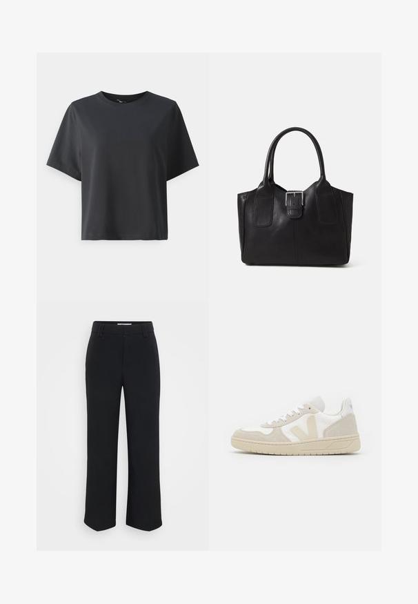 Tricou negru din bumbac, mâneci scurte, guler rotund, croială lejeră, textură netedă, design simplu, fără modele sau accente.; Pantaloni negri cu picioare largi, cu o textură netedă, având o talie plată și buzunare laterale, concepuți cu un estetic minimalist.; Adidași albi și bej cu un superior din material texturat, accente de piele întoarsă și o talpă groasă din cauciuc; prezintă un logo V proeminent pe lateral.; Geantă tote din piele neagră cu textură netedă, formă structurată, două mânere și un detaliu proeminent din aliaj de argint pe partea din față.