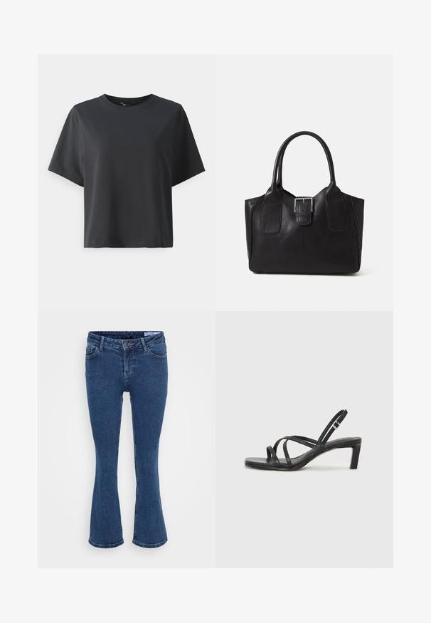 Crna pamučna majica, kratki rukavi, okrugli izrez, opušteni kroj, glatka tekstura, jednostavan dizajn, bez uzoraka ili naglasaka.; Tamno plave traperice s izrezima, pet džepova, zatvaranjem na patentni zatvarač i suptilnim detaljima šivanja. Tkanina izgleda glatko i izdržljivo.; Crne sandale s trakama, kvadratnim prstom i niskom blok petom. Ima više tankih trakica i podesivu trakicu oko gležnja. Izrađene su od glatke kože.; Crna kožna torba za nošenje s glatkom teksturom, strukturiranim oblikom, dvije ručke i istaknutim srebrnim kopčanjem na prednjoj strani.