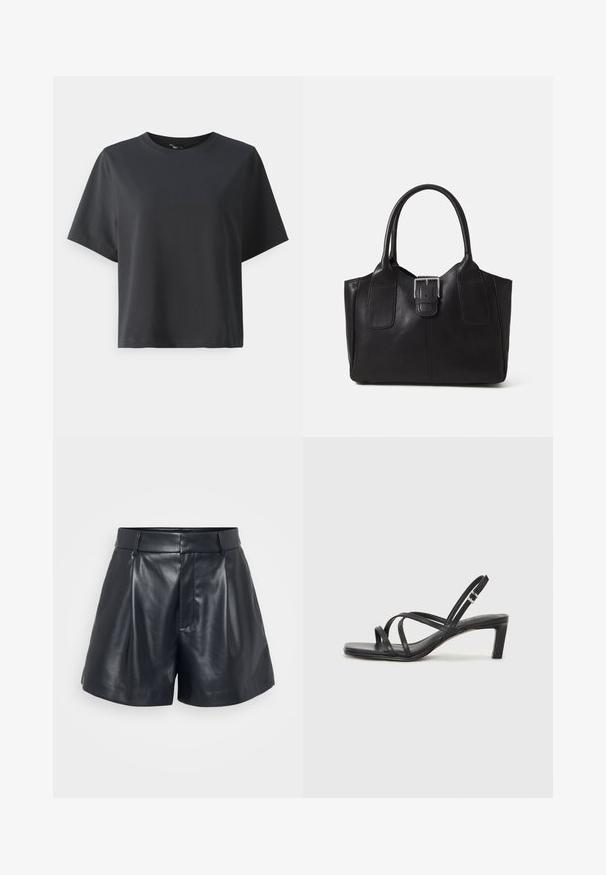 Svart bomull T-skjorte, korte ermer, rund hals, avslappet passform, jevn tekstur, enkel design, ingen mønstre eller aksenter.; Sorte lærshorts med en glat tekstur, skræddersyet design, plisseret front og bæltestropper; har en skjult lynlås-lomme på siden.; Sorte sandaler med stropper, firkantet tå og lav blokk hæl. Har flere tynne stropper og en justerbar ankelstropp. Laget av glatt lær.; Svart skinn toteveske med jevn tekstur, strukturert form, to håndtak og en fremtredende sølvspenne foran.
