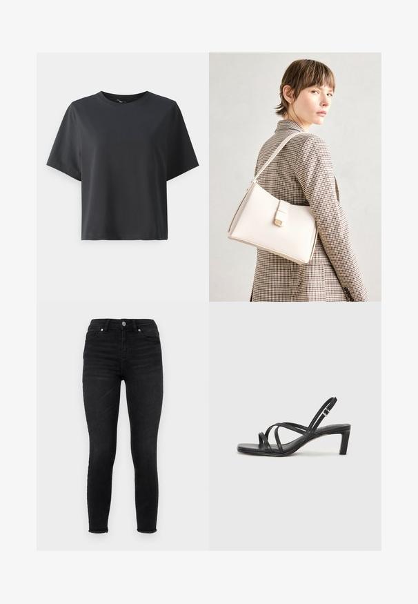 Fekete pamut póló, rövid ujjú, kerek nyakkivágású, laza szabású, sima textúrájú, egyszerű design, minta vagy kiegészítők nélkül.; Fekete, skinny farmernadrág, magas derékkal, elülső zsebekkel és rojtos szegéllyel. Simító textúra, klasszikus öt zsebes kialakítással.; Fekete pántos szandál négyzetes orral és alacsony blokk sarkal. Több vékony pánttal és állítható boka pánttal rendelkezik. Sima bőrből készült.; Fehér bőr táska strukturált dizájnnal, mágneses záródással és vállpánttal, semleges háttér előtt bemutatva.