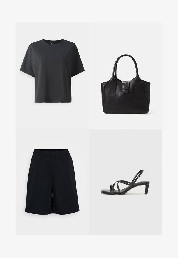 Črna bombažna majica, kratki rokavi, krojeni ovratnik, sproščenega kroja, gladka tekstura, preprost dizajn, brez vzorcev ali dodatkov.; Črne atletske kratke hlače z elastičnim pasom, ohlapnim krojem in gladko teksturo. Oblikovanje je preprosto, brez vzorcev ali dodatkov.; Črne natikače s trakovi in kvadratnim prstom ter nizkim blokastim peto. Imajo več tankih trakov in nastavljiv trak okoli gležnja. Narejene so iz gladkega usnja.; Črna usnjena torba s gladko teksturo, strukturirano obliko, dvema ročkama in izrazitim srebrnim sponko na sprednji strani.