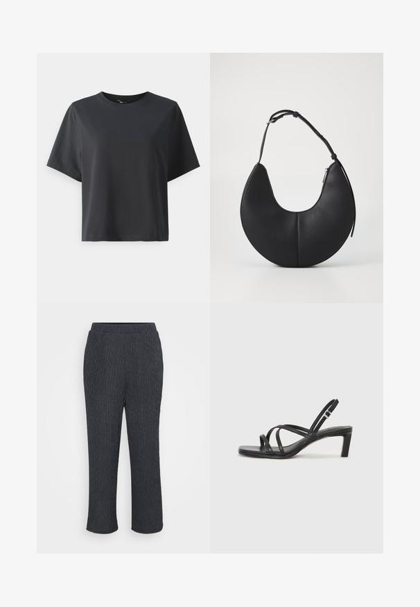 Must musträtik, lühikesed varrukad, ümar kaelus, vabalt lõigatud, sile tekstuur, lihtne disain, ilma mustrite või aksessuaarideta.; Tumedates hallid püksid tekstuuriga ribaga disainiga, millel on elastne vöökoht ja kitsenevad jalad. Valmistatud kergeist, pehmetest materjalidest.; Mustast rihmajalatsid ruudukujulise varba ja madala ploki kontsaga. Omab mitmeid õhukesi rihmasid ja reguleeritavat pahkluu rihma. Valmistatud siledast nahast.; Must mustaga kott, millel on poolkuuju kuju, sile pind, üks reguleeritav rihm ja külge tõmmatav lukk.