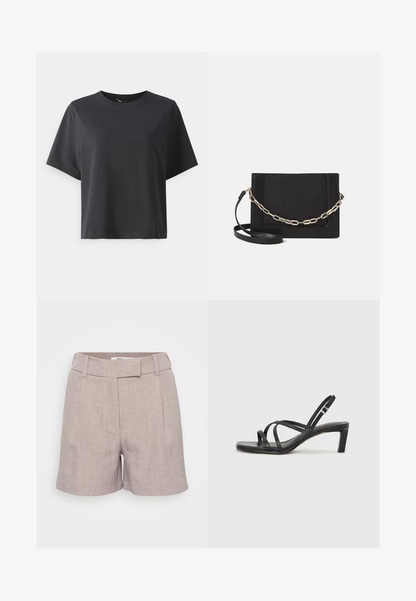 Melnas kokvilnas t-krekls, īsām piedurknēm, apaļš kakls, brīvs piegriezums, gluda tekstūra, vienkāršs dizains, bez rakstiem vai akcentiem.; Gai pelēki lina šorti ar teksturētu apdari, ar taisnu priekšpusi, jostu cilpām un sānu kabatām. Veiksmīgi piegriezta piegriezums ar ceļu garumu.; Melnas strappy sandales ar kvadrātveida purngaliem un zemu bloku papēdi. Ievērojamas ar vairākiem plāniem siksniņām un regulējamu potītes siksniņu. Izgatavotas no gludas ādas.; Melna ādas crossbody soma ar gludu faktūru, taisnstūrveida formu un metalizētu ķēdes detaļu priekšā. Iekļauta regulējama siksna.