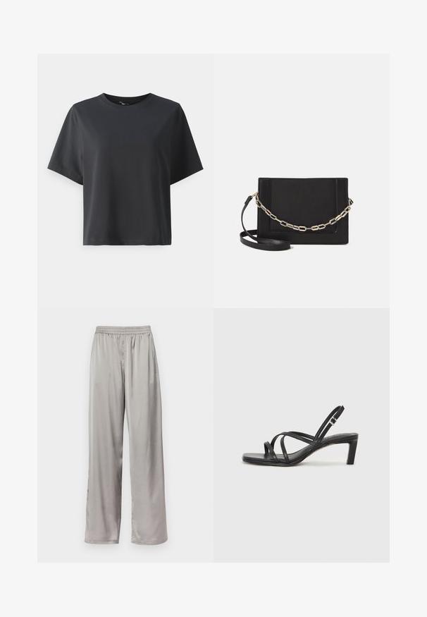 Camiseta de algodón negra, de manga corta, cuello redondo, corte relajado, textura suave, diseño simple, sin patrones ni acentos.; Pantalones de pierna ancha en gris claro, confeccionados con una tela suave y sedosa. Presentan una cinturilla elástica y un sutil bordado del logo en el lateral.; Sandalia negra de tiras con punta cuadrada y tacón bajo de bloque. Presenta múltiples tiras delgadas y una correa ajustable en el tobillo. Fabricada en cuero suave.; Bolso cruzado de piel negra con textura suave, forma rectangular y un detalle de cadena metálica en el frente. Incluye una correa ajustable.
