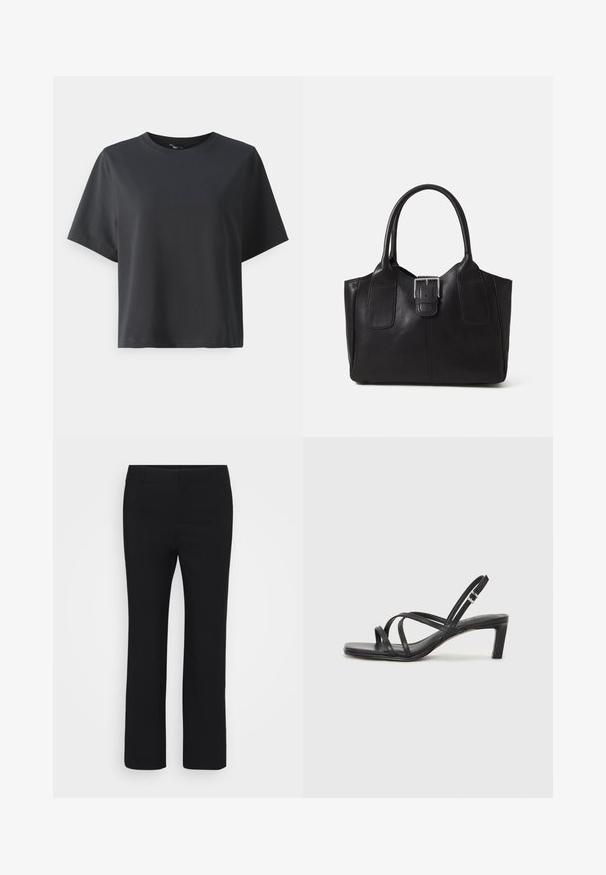 Črna bombažna majica, kratki rokavi, krojeni ovratnik, sproščenega kroja, gladka tekstura, preprost dizajn, brez vzorcev ali dodatkov.; Črne hlače s ravnim krojem, izdelane iz gladkega materiala. Imajo ravno pasnico in brez vidnih žepov. Minimalističen slog.; Črne natikače s trakovi in kvadratnim prstom ter nizkim blokastim peto. Imajo več tankih trakov in nastavljiv trak okoli gležnja. Narejene so iz gladkega usnja.; Črna usnjena torba s gladko teksturo, strukturirano obliko, dvema ročkama in izrazitim srebrnim sponko na sprednji strani.