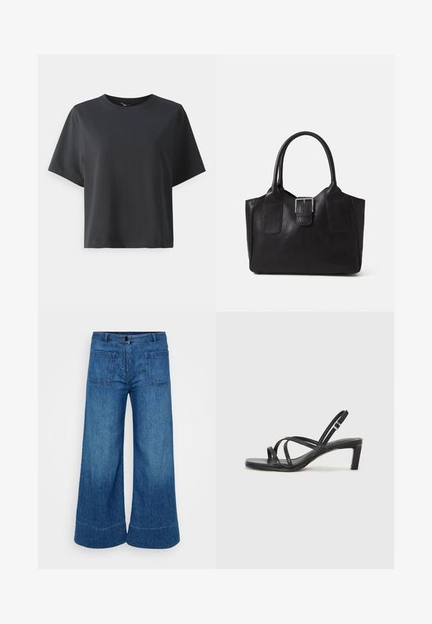 Svart bomull T-skjorte, korte ermer, rund hals, avslappet passform, jevn tekstur, enkel design, ingen mønstre eller aksenter.; Videben bukser i mellemblå denim. Har en knappelukning, to baglommer og en ren søm. Glat tekstur med let falming.; Sorte sandaler med stropper, firkantet tå og lav blokk hæl. Har flere tynne stropper og en justerbar ankelstropp. Laget av glatt lær.; Svart skinn toteveske med jevn tekstur, strukturert form, to håndtak og en fremtredende sølvspenne foran.
