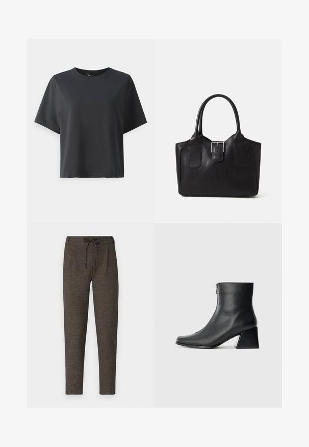Fekete pamut póló, rövid ujjú, kerek nyakkivágású, laza szabású, sima textúrájú, egyszerű design, minta vagy kiegészítők nélkül.; Sötétbarna, textúrált nadrág, állítható derékkal, oldalsó zsebekkel és beszűkült szárakkal, puha anyagból készült.; Fekete bőr bokacsizma négyzetes orral, oldalsó cipzárral és tömbsarkal, egyszínű világos háttér előtt.; Fekete bőr bevásárlótáska sima textúrával, strukturált formával, két fogantyúval és egy figyelemfelkeltő ezüst csattal az elején.