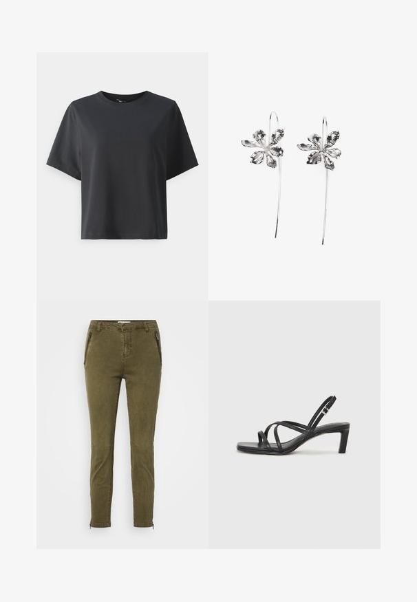 Schwarzes Baumwoll-T-Shirt, kurze Ärmel, Rundhalsausschnitt, lässige Passform, glatte Textur, einfaches Design, keine Muster oder Akzente.; ONLY Petite ONLMISSOURI ZIP  - Stoffhose - olive; Schwarze Sandale mit Riemchen, quadratischer Zehenform und niedrigem Blockabsatz. Verfügt über mehrere dünne Riemen und einen verstellbaren Knöchelriemen. Hergestellt aus glattem Leder.; Silberne blumenförmige Ohrringe mit strukturiertem Finish, die lange Haken und blütenblattartige Details für ein filigranes Design aufweisen.