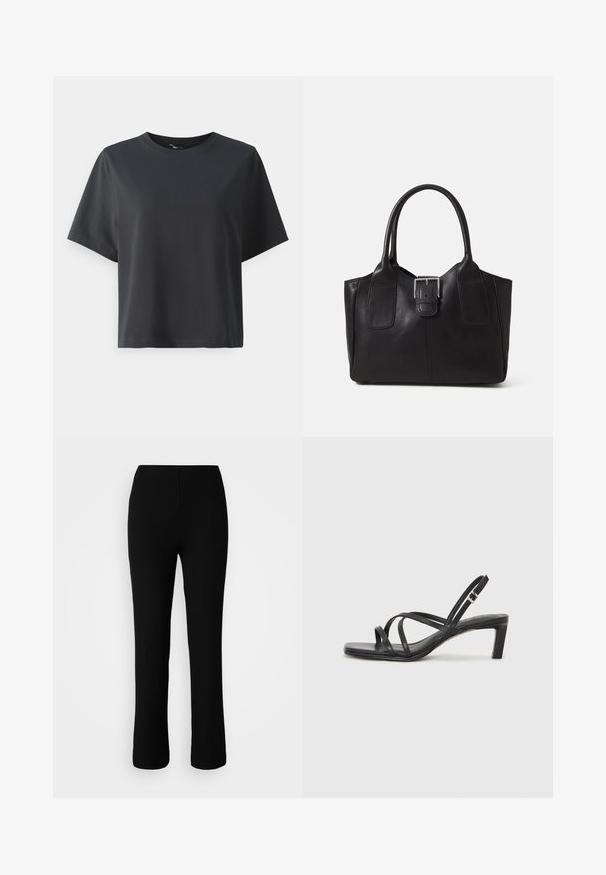 Juodas medvilnės marškinėliai, trumpomis rankovėmis, apvaliu kaklu, laisvas kirpimas, lygus paviršius, paprastas dizainas, be raštų ar akcentų.; Juodos juostuotos megztos kelnės su elastinga juosmens juosta, turinčios prisitaikančią siluetą, tiesias kojas ir subtilią tekstūrą.; Juodi šlepetės su kvadratiniu pirštu ir žemu bloku kulnu. Yra keli ploni dirželiai ir reguliuojamas kulkšnies diržas. Pagaminti iš lygios odos.; Juodas odinis nešiojamas krepšys su lygiu paviršiumi, struktūrine forma, dviem rankenėlėmis ir ryškiu sidabriniu sagties akcentu priekyje.