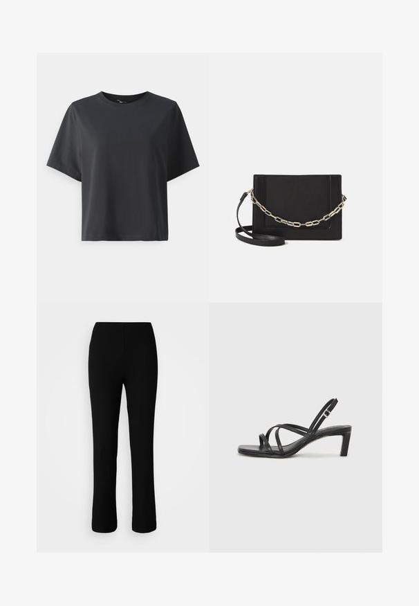 T-shirt di cotone nero, maniche corte, collo a giro, vestibilità comoda, texture liscia, design semplice, senza motivi o dettagli.; Pantaloni neri a costine in maglia con vita elastica, caratterizzati da una silhouette aderente, gambe dritte e una texture sottile.; Sandalo nero con cinturini, dalla punta squadrata e tacco basso a blocco. Presenta diversi cinturini sottili e una cinturini regolabile alla caviglia. Realizzato in pelle liscia.; Borsa a tracolla nera in pelle con una texture liscia, forma rettangolare e dettaglio in catena metallica sul davanti. Inclusa una tracolla regolabile.