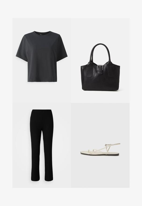 T-shirt de algodão preto, mangas curtas, gola redonda, corte descontraído, textura suave, design simples, sem padrões ou detalhes.; Calças de malha canelada pretas com uma cintura elástica, apresentando uma silhueta justa, pernas retas e uma textura subtil.; Sandália plana bege com várias tiras finas e uma fivela ajustável. A sola é plana com um leve contraste escuro na borda.; Bolsa tote de couro preta com textura suave, forma estruturada, duas alças e um destaque prateado proeminente na parte da frente.