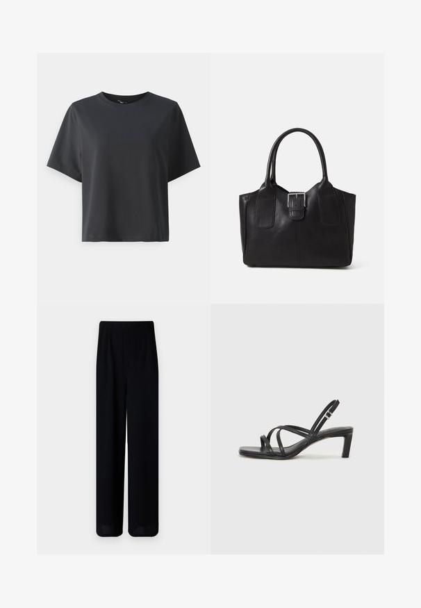 Melnas kokvilnas t-krekls, īsām piedurknēm, apaļš kakls, brīvs piegriezums, gluda tekstūra, vienkāršs dizains, bez rakstiem vai akcentiem.; Vero Moda Petite VMLIVA SUPER WIDE PANTS - Auduma bikses - black; Melnas strappy sandales ar kvadrātveida purngaliem un zemu bloku papēdi. Ievērojamas ar vairākiem plāniem siksniņām un regulējamu potītes siksniņu. Izgatavotas no gludas ādas.; Melnas ādas somiņa ar gludu tekstūru, strukturētu formu, divām rokturām un izteiktu sudraba sprādzi priekšpusē.
