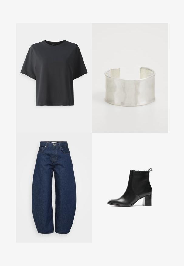 T-shirt de algodão preto, mangas curtas, gola redonda, corte descontraído, textura suave, design simples, sem padrões ou detalhes.; Calças de ganga azul escuro com um corte largo e descontraído. Apresentam fecho de correr, quatro bolsos e costura contrastante ao longo das costuras.; Bota de tornozelo em pele preta com bico arredondado, um salto bloco de altura média e uma aba de puxar na parte de trás. Textura suave, design minimalista.; Zign Pulseira - silver-coloured