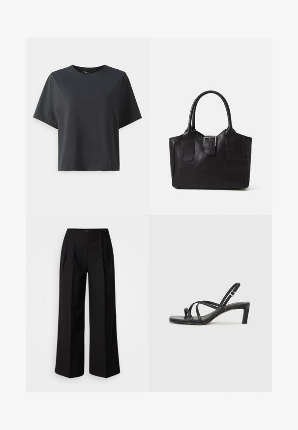 Črna bombažna majica, kratki rokavi, krojeni ovratnik, sproščenega kroja, gladka tekstura, preprost dizajn, brez vzorcev ali dodatkov.; Črne široke hlače z visokim pasom, z gubami in dvema sprednjima gumboma. Narejene so iz gladkega materiala in zasnovane za prilagojen videz.; Črne natikače s trakovi in kvadratnim prstom ter nizkim blokastim peto. Imajo več tankih trakov in nastavljiv trak okoli gležnja. Narejene so iz gladkega usnja.; Črna usnjena torba s gladko teksturo, strukturirano obliko, dvema ročkama in izrazitim srebrnim sponko na sprednji strani.