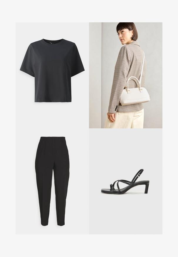 T-shirt en coton noir, à manches courtes, col ras du cou, coupe décontractée, texture lisse, design simple, sans motifs ni accents.; Des pantalons noirs ajustés présentent une taille haute, des plis avant, des jambes fuselées et une texture lisse. Fabriqués dans un tissu léger, sans fermetures visibles.; Sandale noire à lanières avec un bout carré et un petit talon bloc. Elle présente plusieurs fines lanières et une sangle de cheville ajustable. Fabriquée en cuir lisse.; Sac à main structuré blanc avec de courtes poignées et une bandoulière, doté de accents en métal doré et d'un matériau texturé, présenté sur un fond gris.